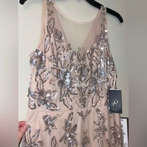 Champagne colored cocktail dress with sparkle patterns